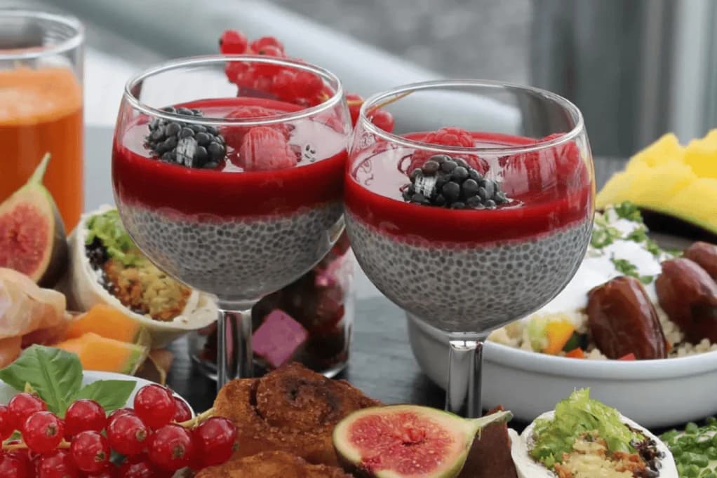 Brunch with chia pudding, berries and fresh fruit